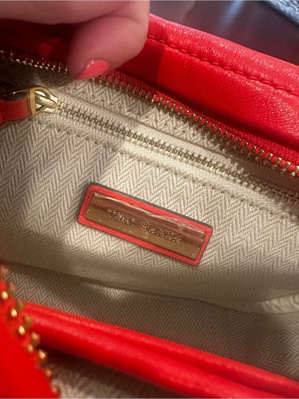 Tory Burch Orange-Red Quilted Crossbody with Gold Logo